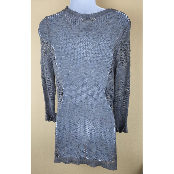 Knox Rose Womens Size L Boho Open Knit Tunic Top gray Split sides trim - Picture 4 of 10